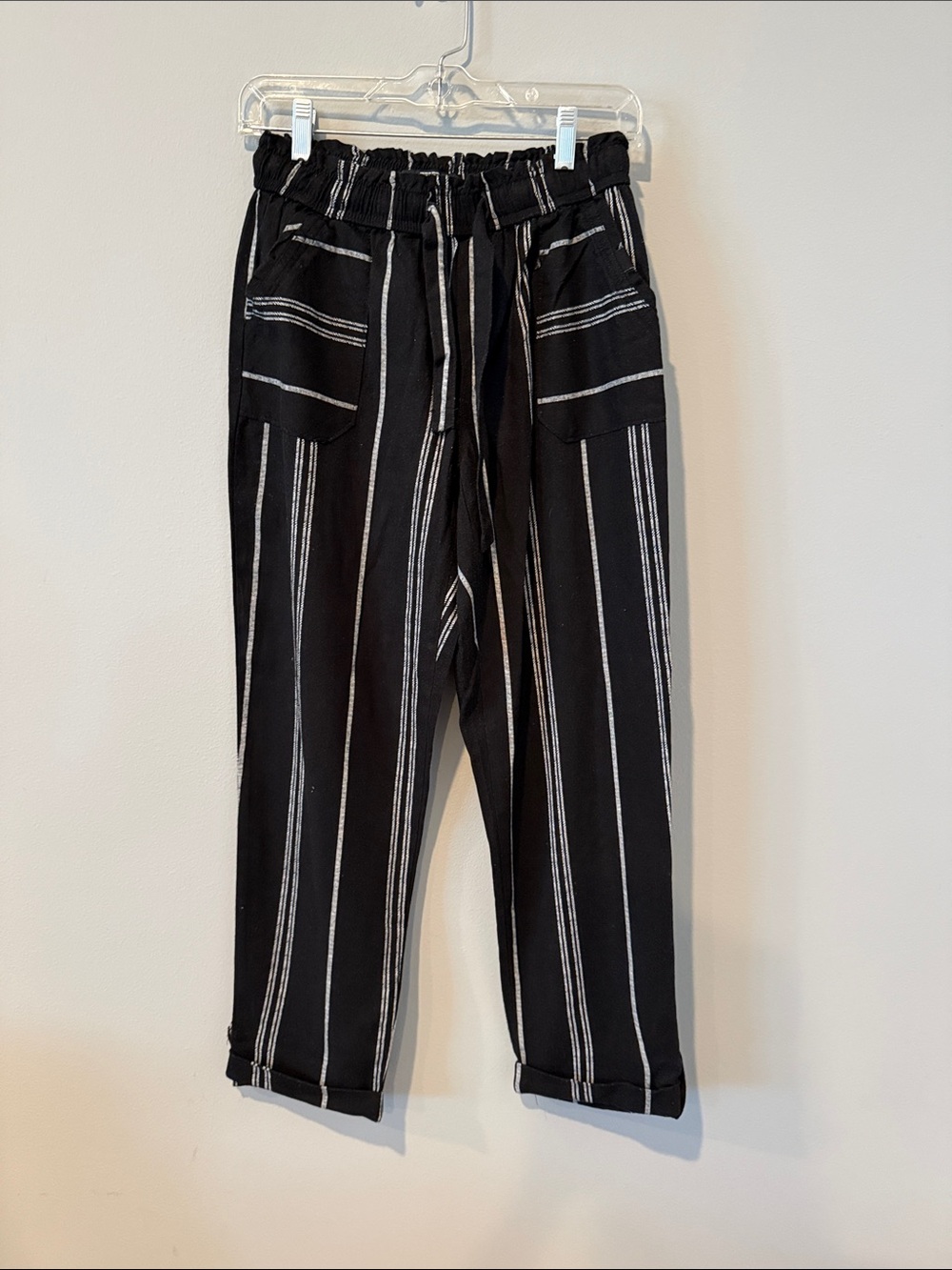 Rewash Black Striped Drawcord soft linen pant